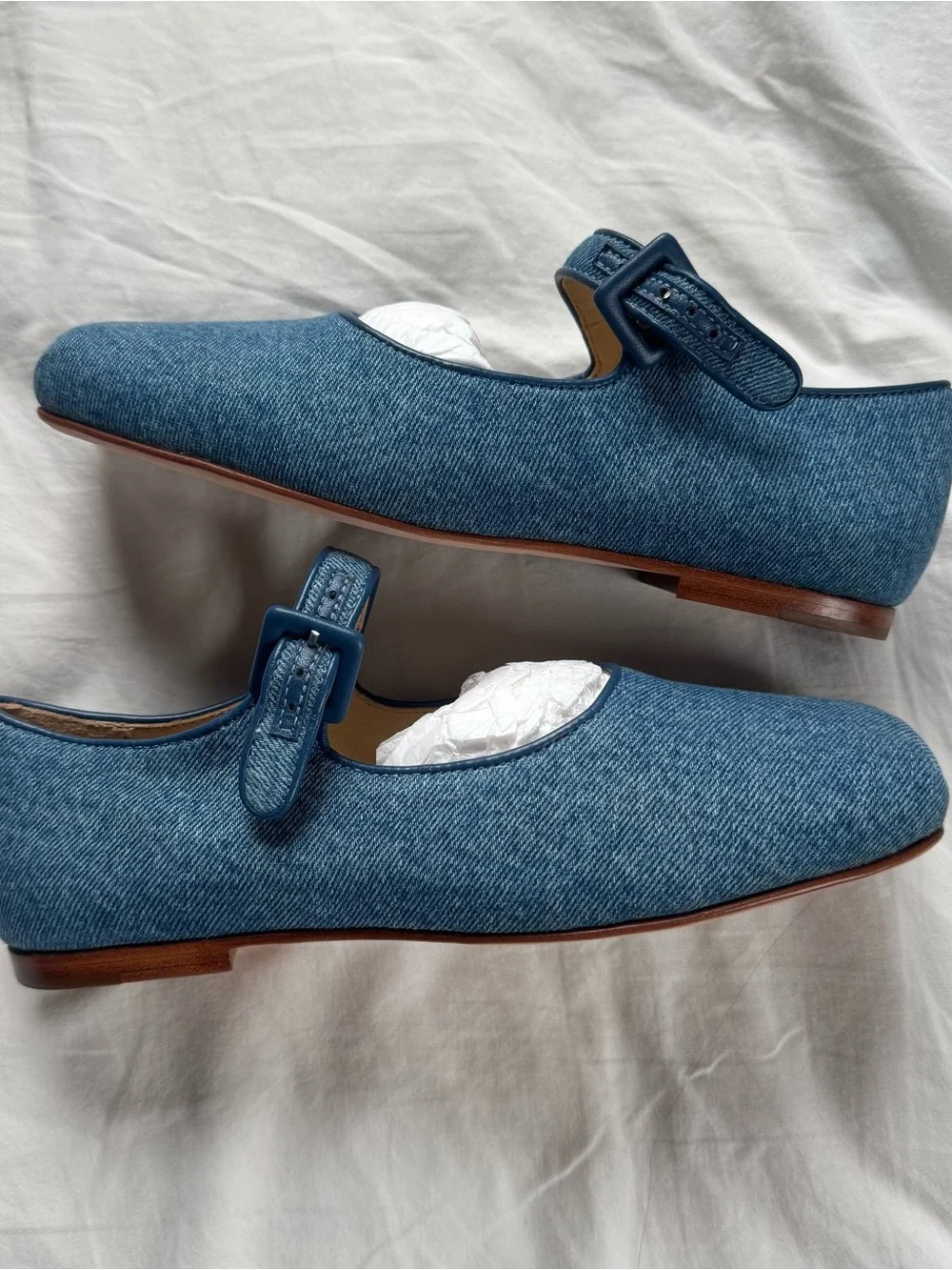 Sandy Liang Denim Mary Jane Flats in Blue Denim